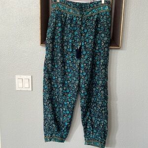 ALCHEMY Baggy Tapered Harem Joggers Pants Front Pockets Blue Floral Women M/L